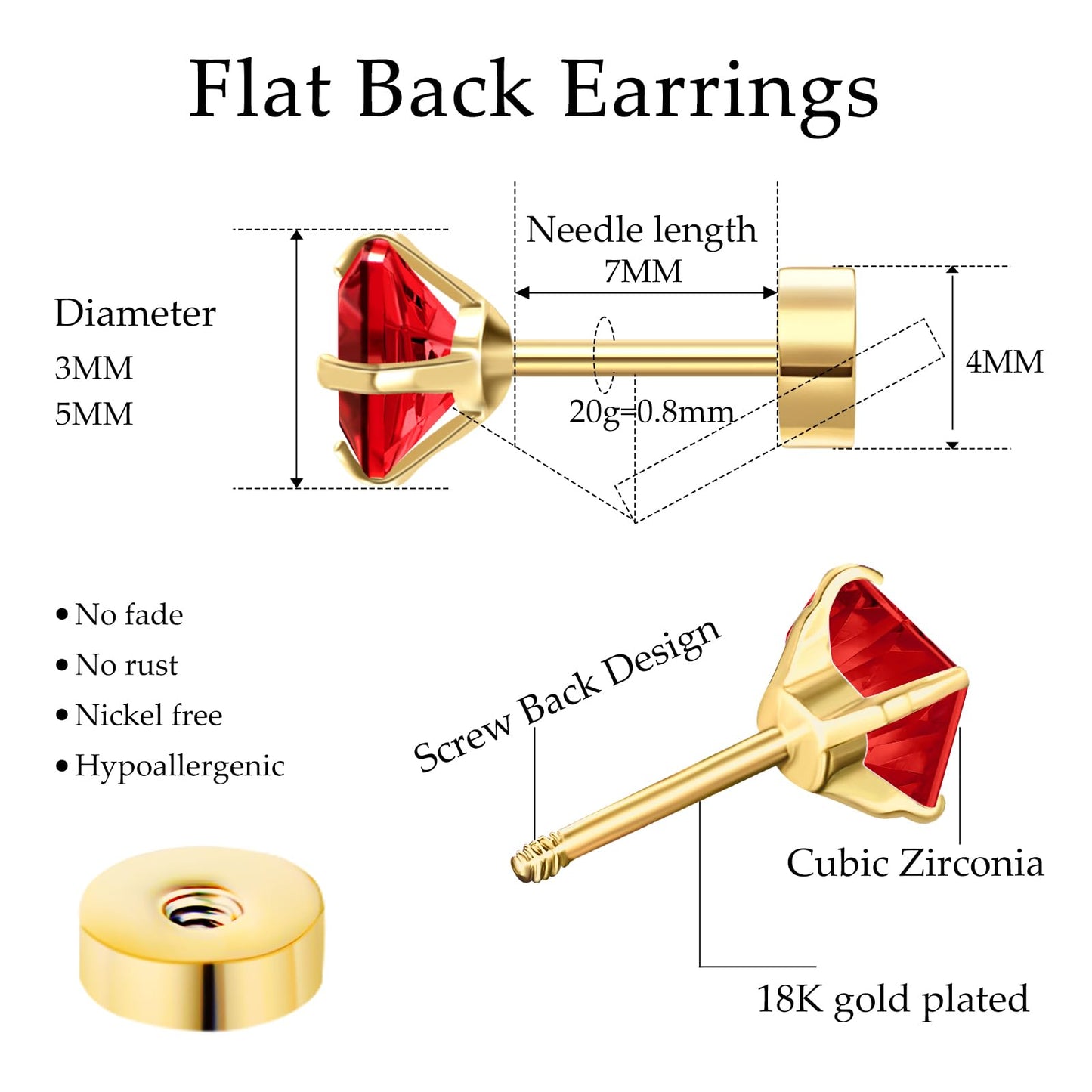 Mothers Day Gifts Red Stud Earrings for Women, Red Earrings as Flat Back Stud Earrings for Women, 18k Gold Hypoallergenic Earrings Birthday Gifts