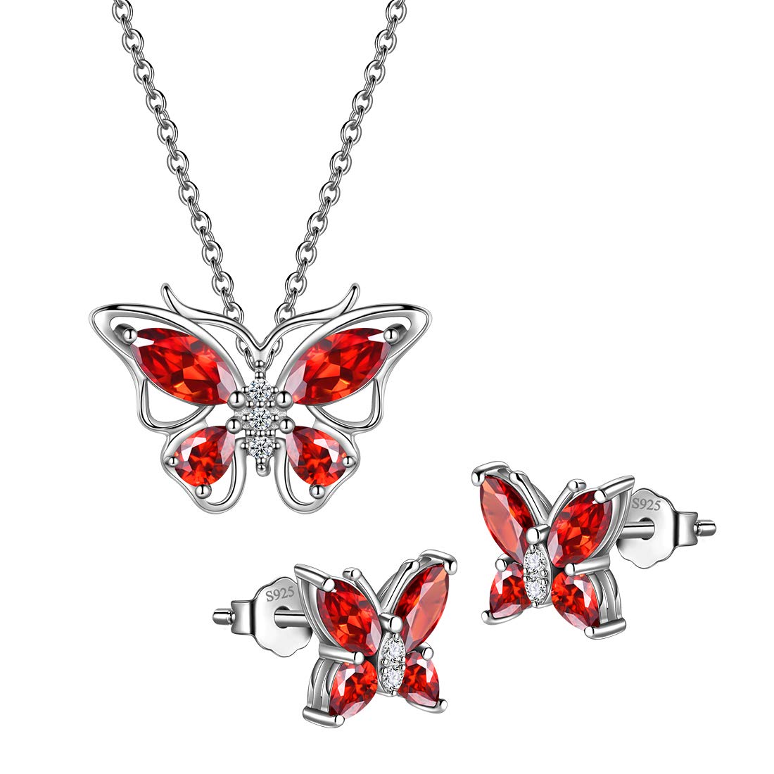 Hipunk Butterfly Red Jewelry Sets Birthstone Women 925 Sterling Silver January-Garnet Birth Stone Animal Butterflies Jewelry Sets/Earring Set Crystal Birthday Jewelry SS0001J