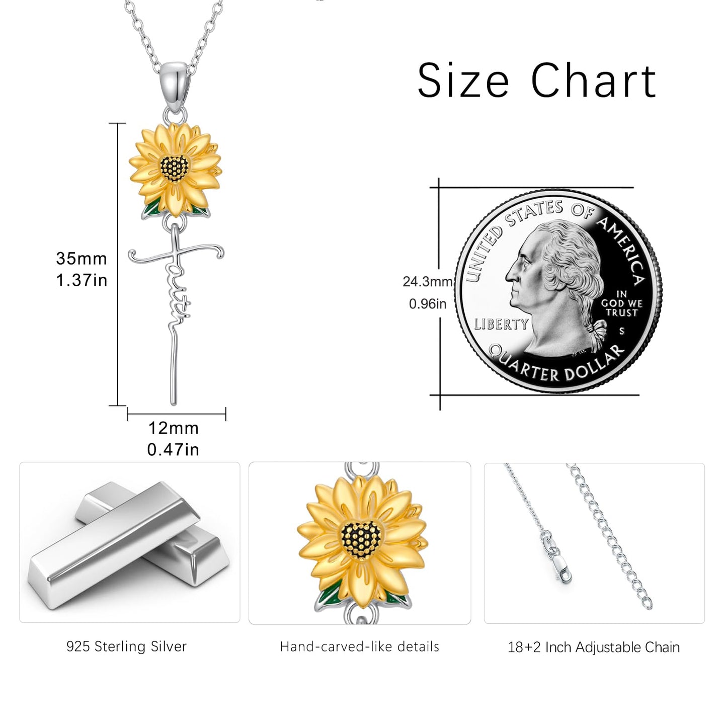 Silikepa Sunflower Necklace for Women, 925 Sterling Silver, Sunflower Faith Pendant Necklace, Christian Jewelry, Gift for Women