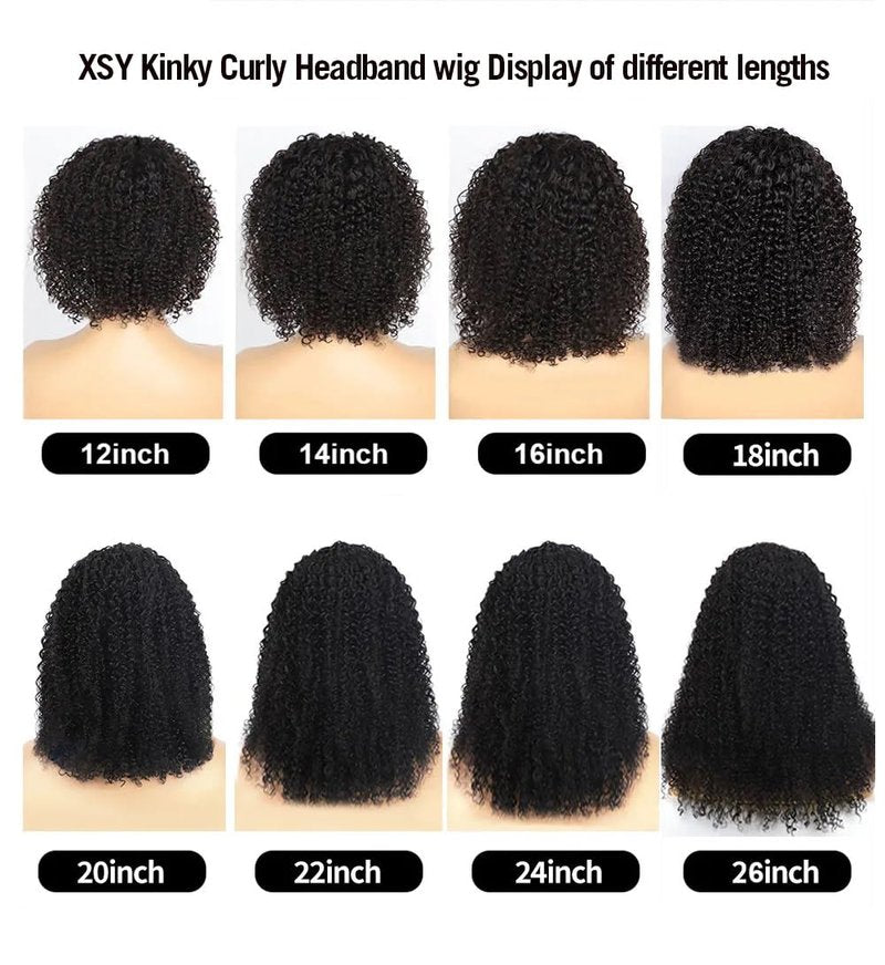 Headband Wig - Human Hair Kinky Curly 12 Inch | Glueless Brazilian Wig for Black Women, 150% Density, Natural Color