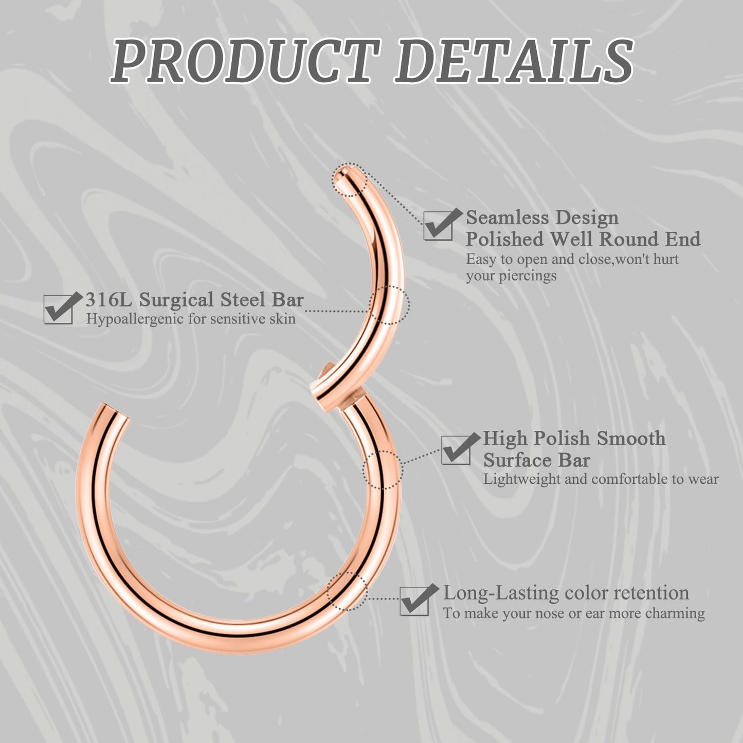 Septum Ring Rose Gold Septum Jewelry Seamless Septum Clicker Nose Rings 18 Gauge 8mm Nose Ring Hoop 18g Cartilage Earring Lip Rings Nose Hoop Surgical Steel Helix Earrings Nose Piercing Jewelry