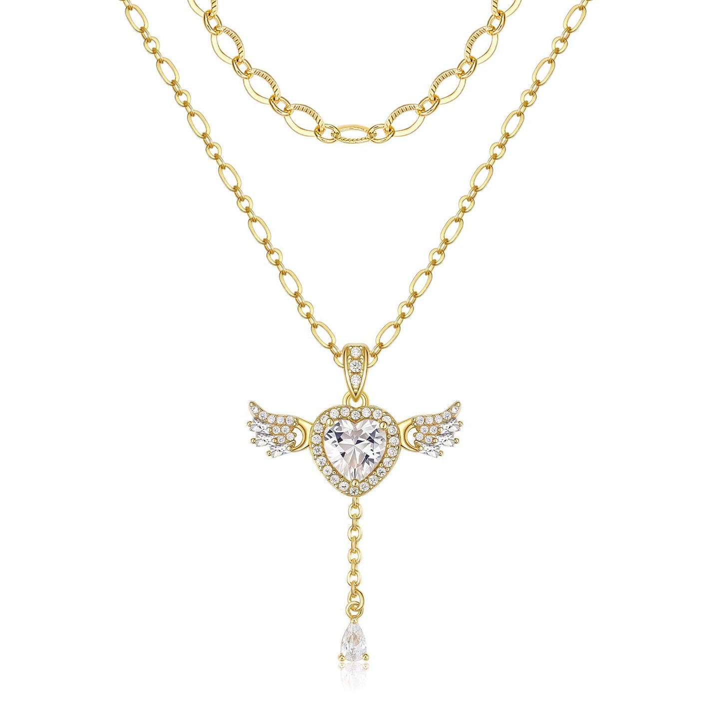 MEIITRUE Heart Necklace for Women Trendy,14k Gold Plated Dainty Layered Necklaces Set Cubic Zirconia Love Drop Pendant with Movable Wings Personalized Choker Chain Jewelry Gift White