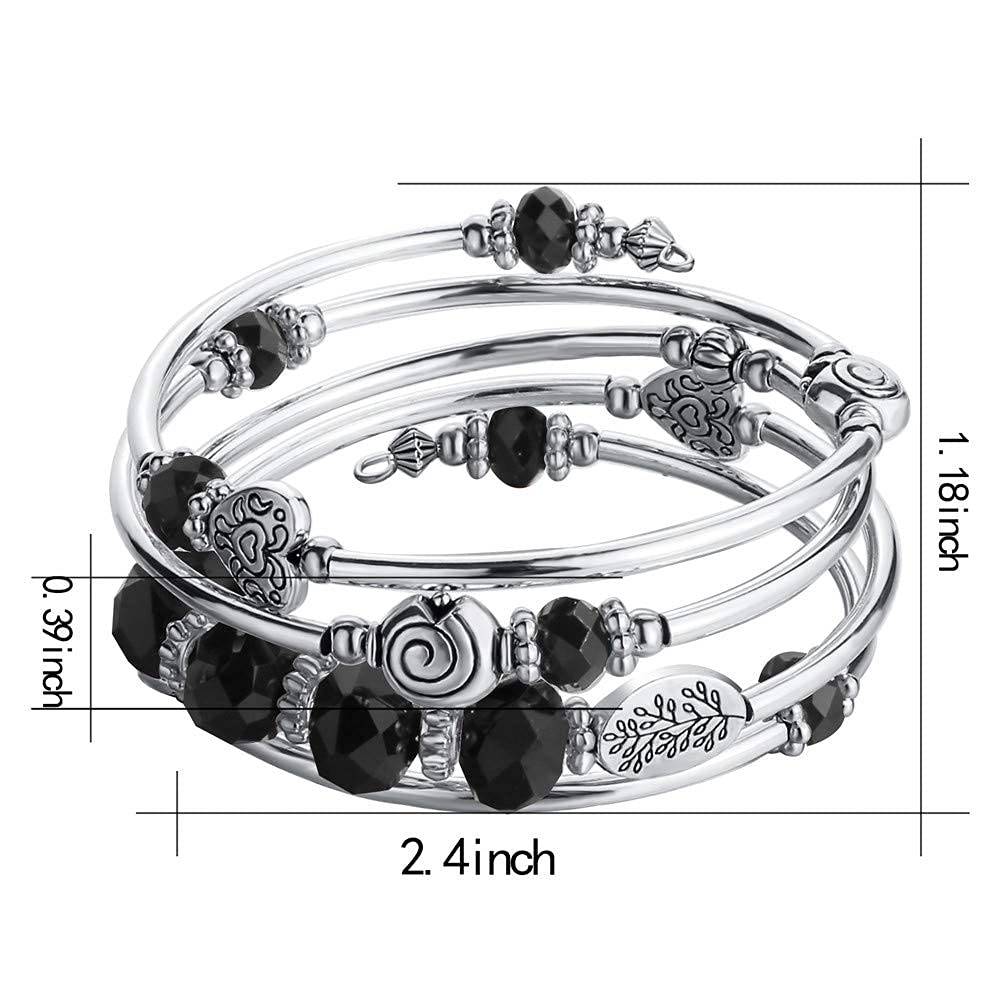 PEARL&CLUB Bead Crystal Wrap Bangle Bracelet - Fashion Jewelry Beaded Bracelet with Silver Metal, Gifts for Women(23-Black)