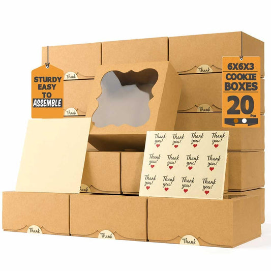 20 Pack Cookie Boxes for Gift Giving – 6X6X3 Inches Bakery Boxes with Window - Extra Thick Small Cookie Containers for Treats, Desserts, Strawberries, Cupcakes, Candy, Charcuterie, Baked Goods, Pastry