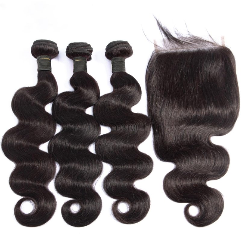 DreamPack Bundles with Closure Human Hair Body Wave Bundles Human Hair with 4x4 Lace Closure 100% Unprocessed Virgin Hair Extensions Natural Color (8" 8" 8" + 8" Closure)