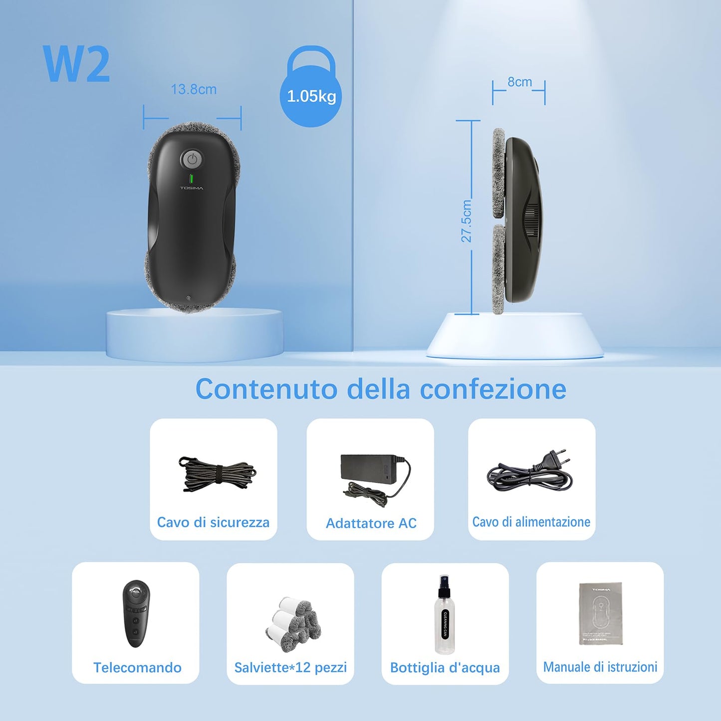Tosima Window Cleaning Robot W2, Automatic Cleaning with Intelligent Path Planning, 3800Pa Suction Power, Edge Detection Technology, Remote Control