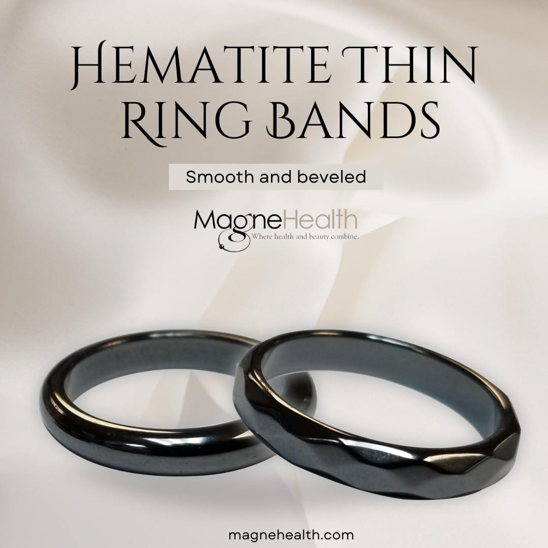 MAGNEHEALTH Hangover Ring, Thin Beveled Magnetic Hematite Band Ring, Hematite Band in Beveled Design for Magnetic Therapy, Acupuncture Ring - Size 8