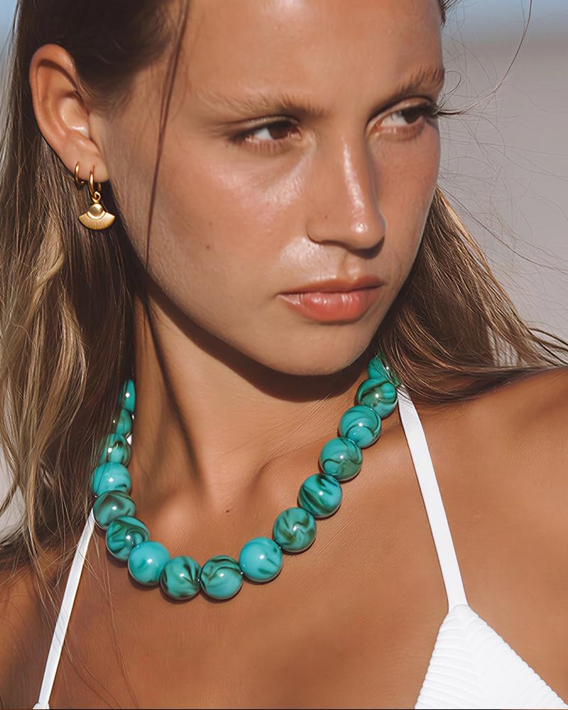 FAUTHENTICUTE Turquoise Choker Necklace for Women Large Turq. Blue Beaded Necklaces Boho Chunky Beaded Collar Statement Trendy Summer Beach Jewelry Gifts