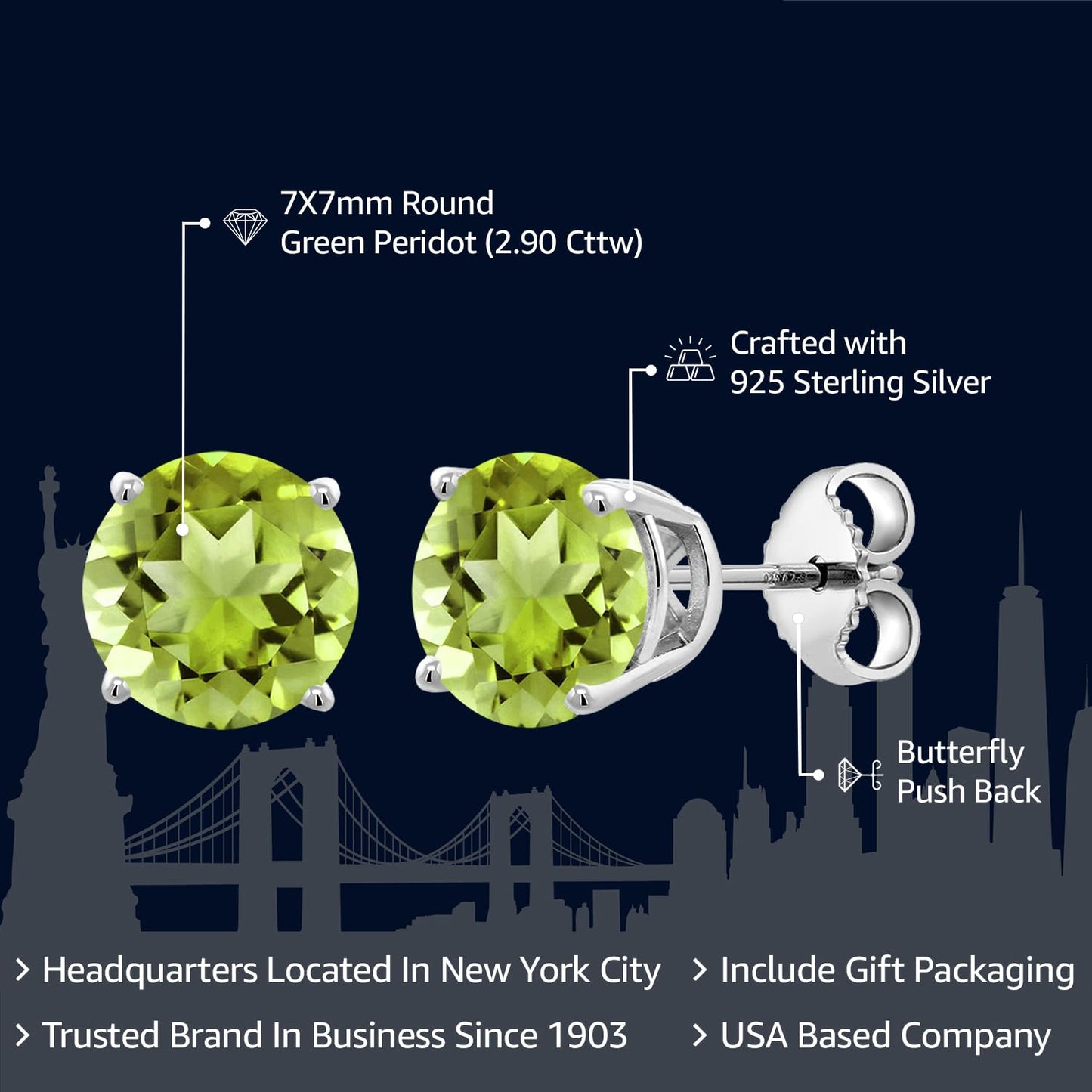 Gem Stone King 2-4 Cttw Round Gemstone Birthstone Stud Earrings For Women Men | 925 Sterling Silver | Round 7MM | Fine Jewelry Gifts for Women Her Mom Wife Men | Peridot-August