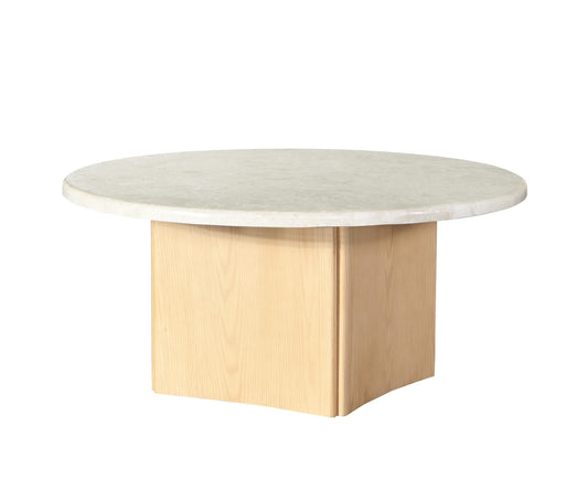 Acme Qwin Marble and Wood Round Coffee Table with Curved Base in Natural Oak
