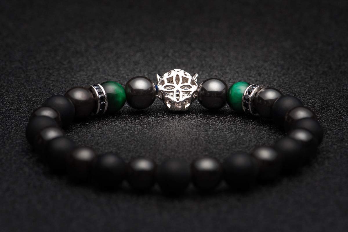 Karseer Black Panther Spirit Animal Bracelet, 8MM Natural Black Onyx Crystal and Hematite Beaded Elastic Bracelet, Handmade Meditation and Prayer Jewelry Unisex (Plated White Gold)