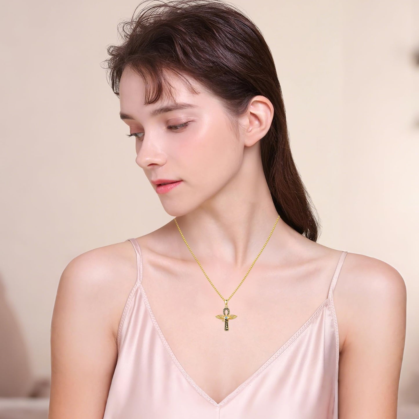 YEESIA Cross Necklace for Men Women, 925 Sterling Silver, Gold Anka Cross Pendant Necklace Evil Eye Pendant with Moonstone, Egyptian Protective Jewelry Gift for Men Women
