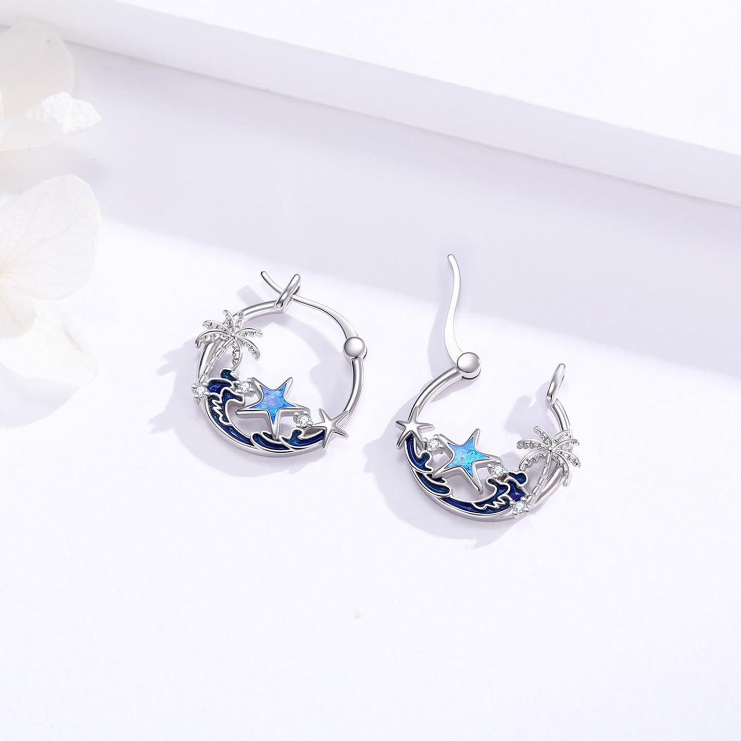 Opal Starfish Earrings 925 Sterling Silver Ocean Hoop Earrings Beach Themed Summer Jewelry Starfish Graduation Gifts for Women Daughter Her