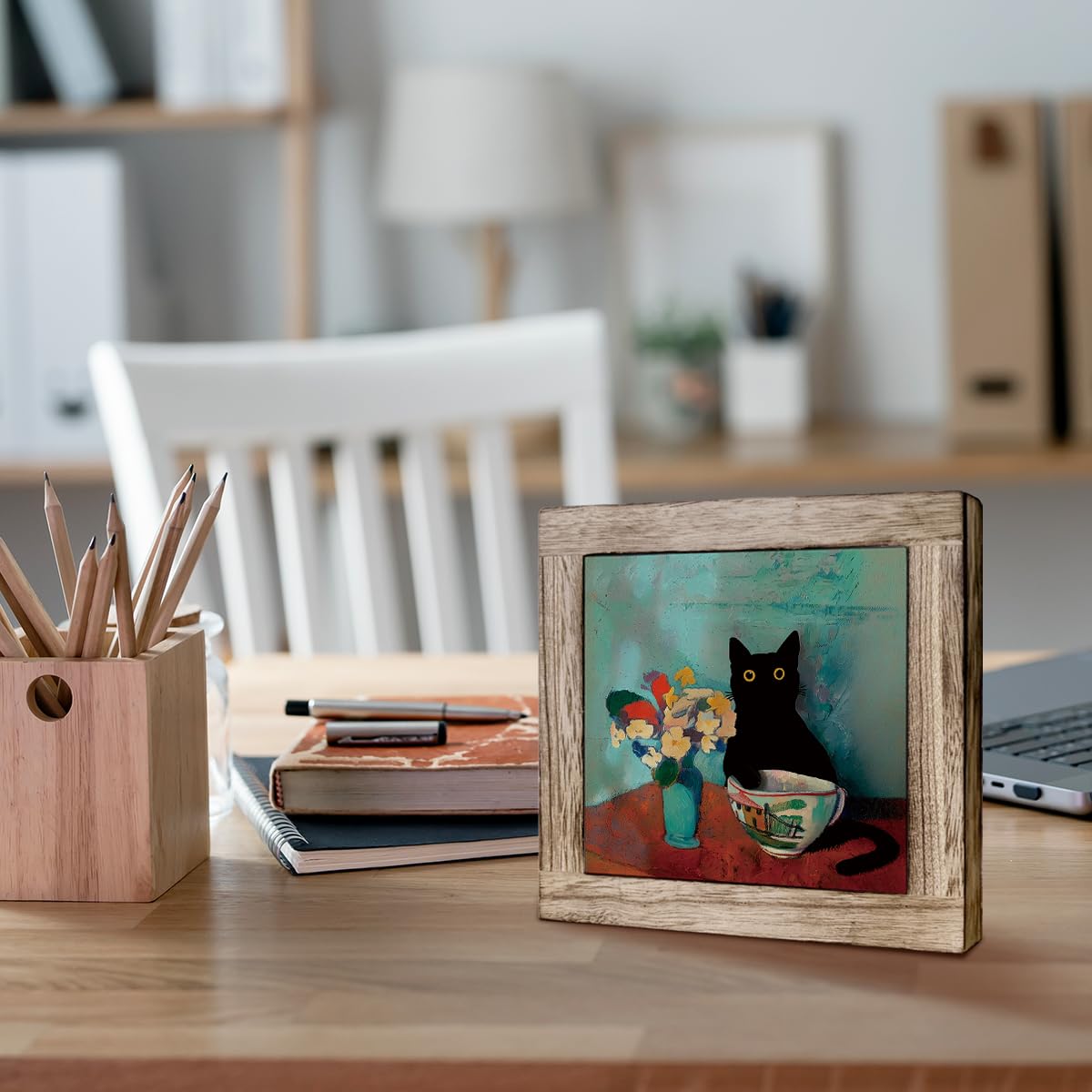 Cute Black Cat Tabletop Sign Wooden Box Decor, Funny Animal Oil Painting Style Desk Accent, Whimsical Pet Shelf Decor, Gift for Cat Lovers or Animal Enthusiasts