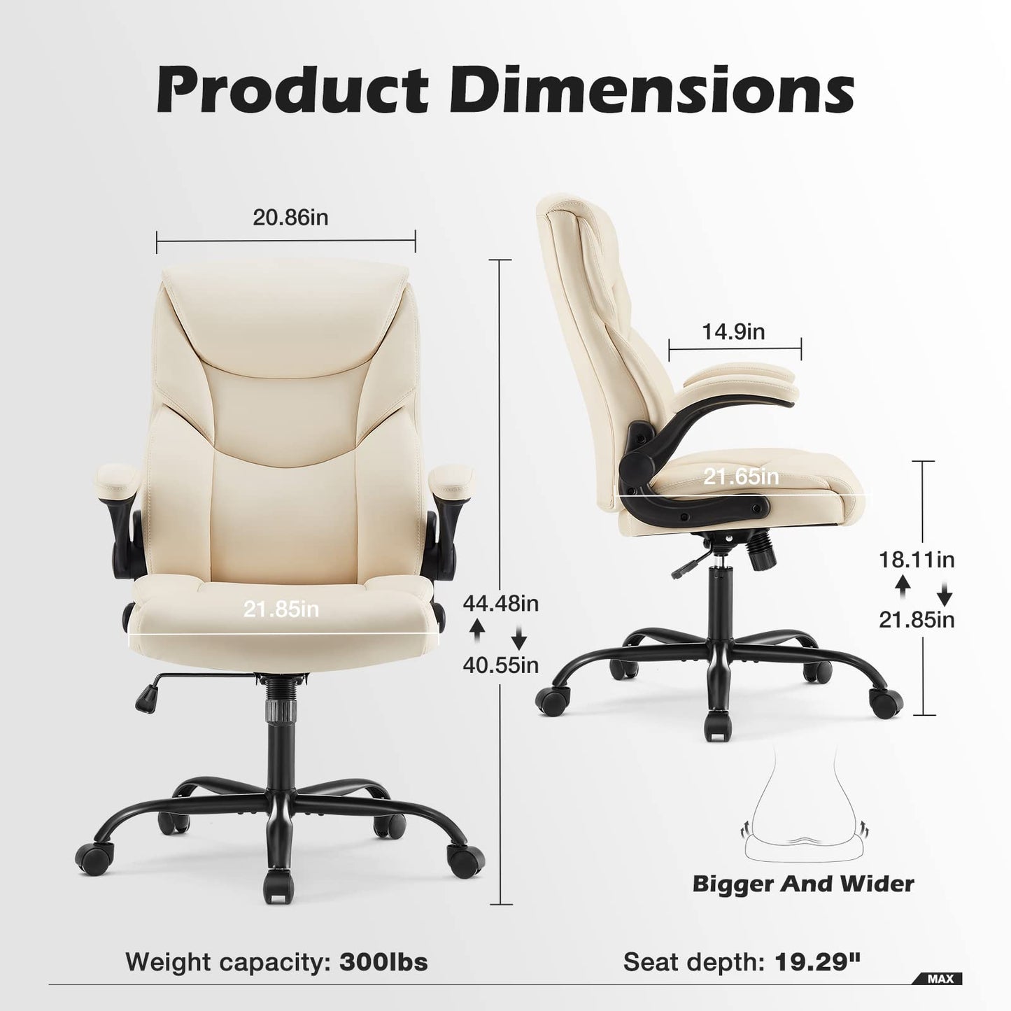 Office Chair - Ergonomic Executive Computer Desk Chairs with Adjustable Flip-up Armrest, Swivel Task Chair with Lumbar Support, Strong Metal Base, PU Leather, White