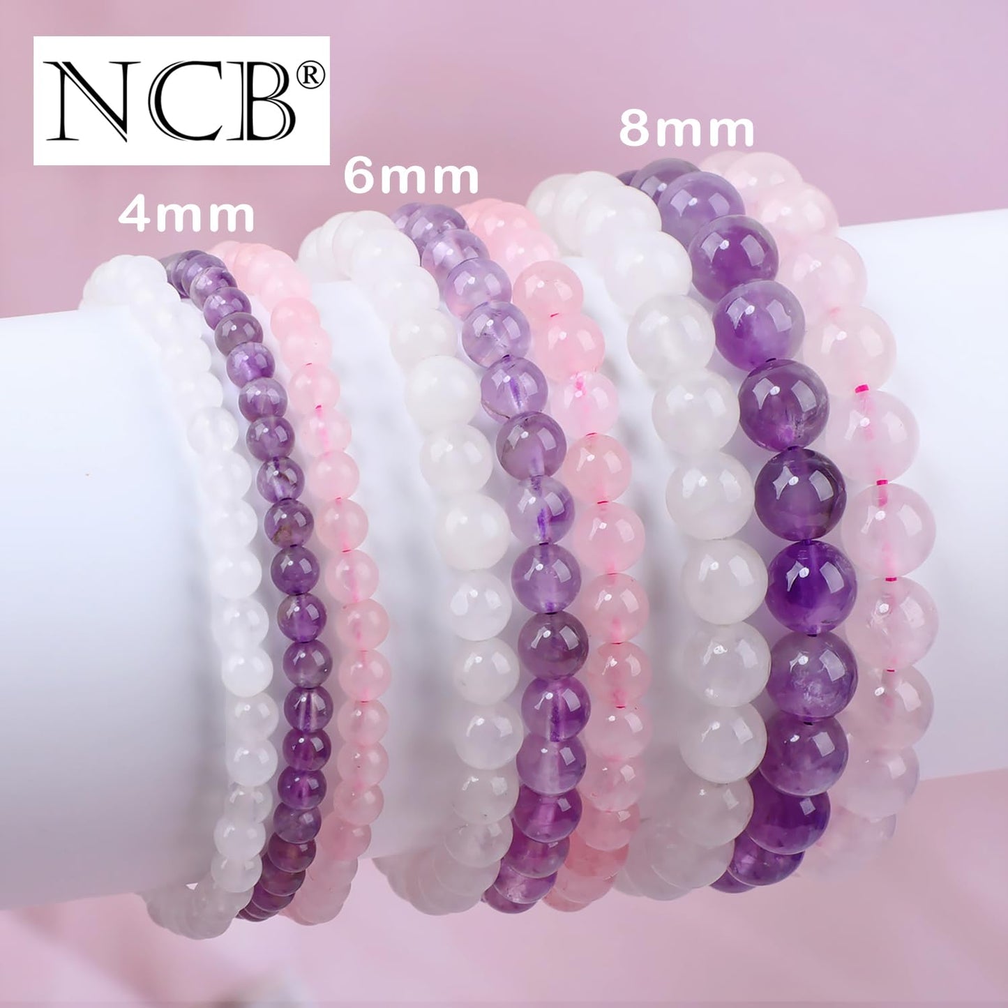 NCB 3-Piece 4mm Natural Crystal Gemstone Stretch Bracelets – ﻿Amethyst, Pink Quartz, White Jade Handmade Reiki Energy Healing Jewelry for Meditation,Yoga, Unisex