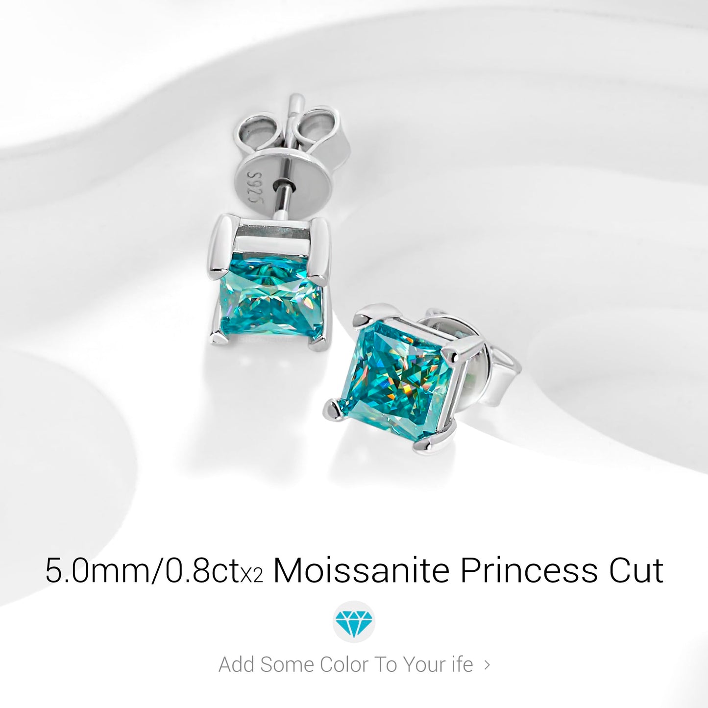 GIGAJEWE Blue Green Color Moissanite Stud Earrings 5mm Princess Cut Moissanite Earrings 1.6ct/pair,18K Gold Plated 925 Steling Silver, Stud Earrings For Women (Princess-cyan)