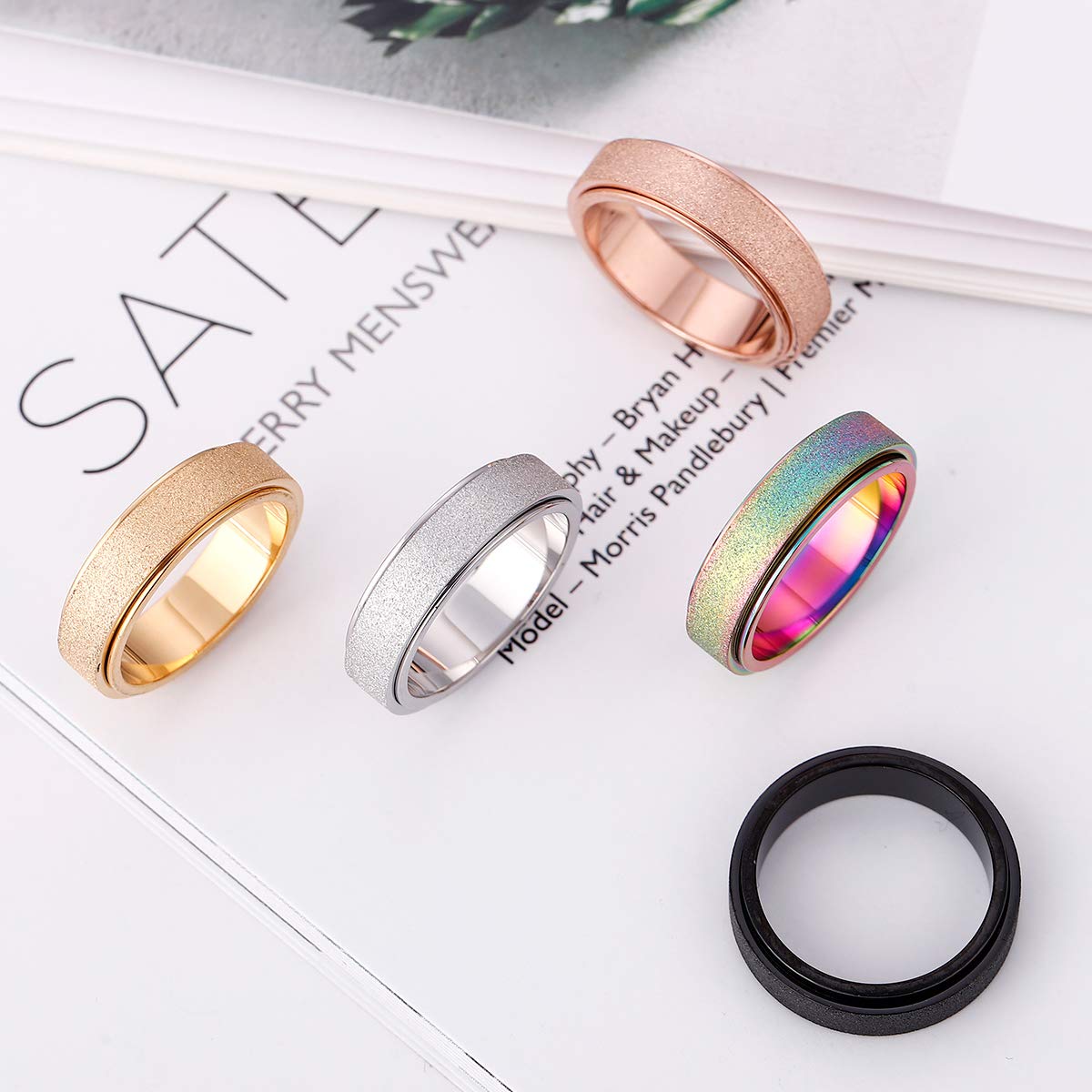 OreilleStar Anxiety Ring for Women Fidget Spinner Ring Fidget Toys Adults Titanium Stainless Steel Thumb Ring 6mm Wide Rose Gold Size 9