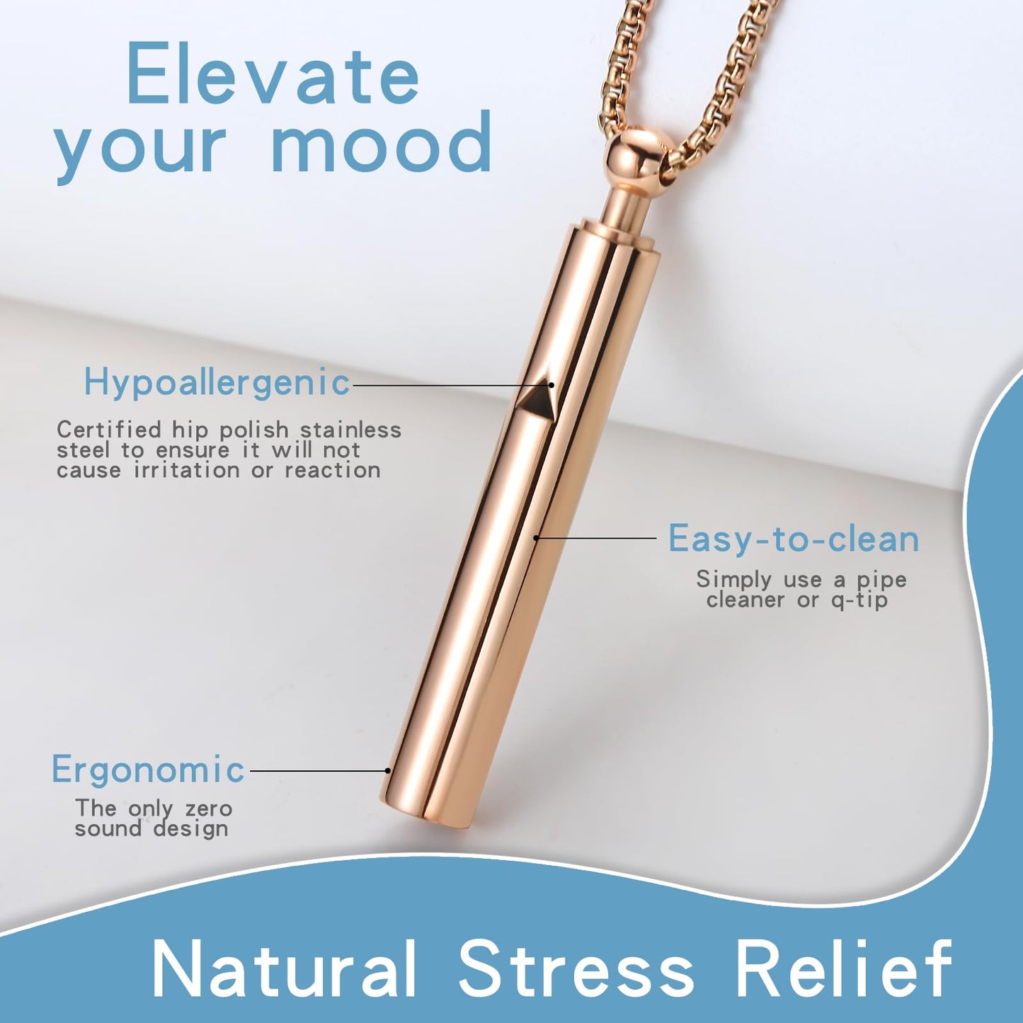 Anxiety Breathe Easy Necklace Mindfulness Breathing Necklace Breathlace Stainless Steel Pendant for Natural Calm & Stress Relief (Rose Gold T)