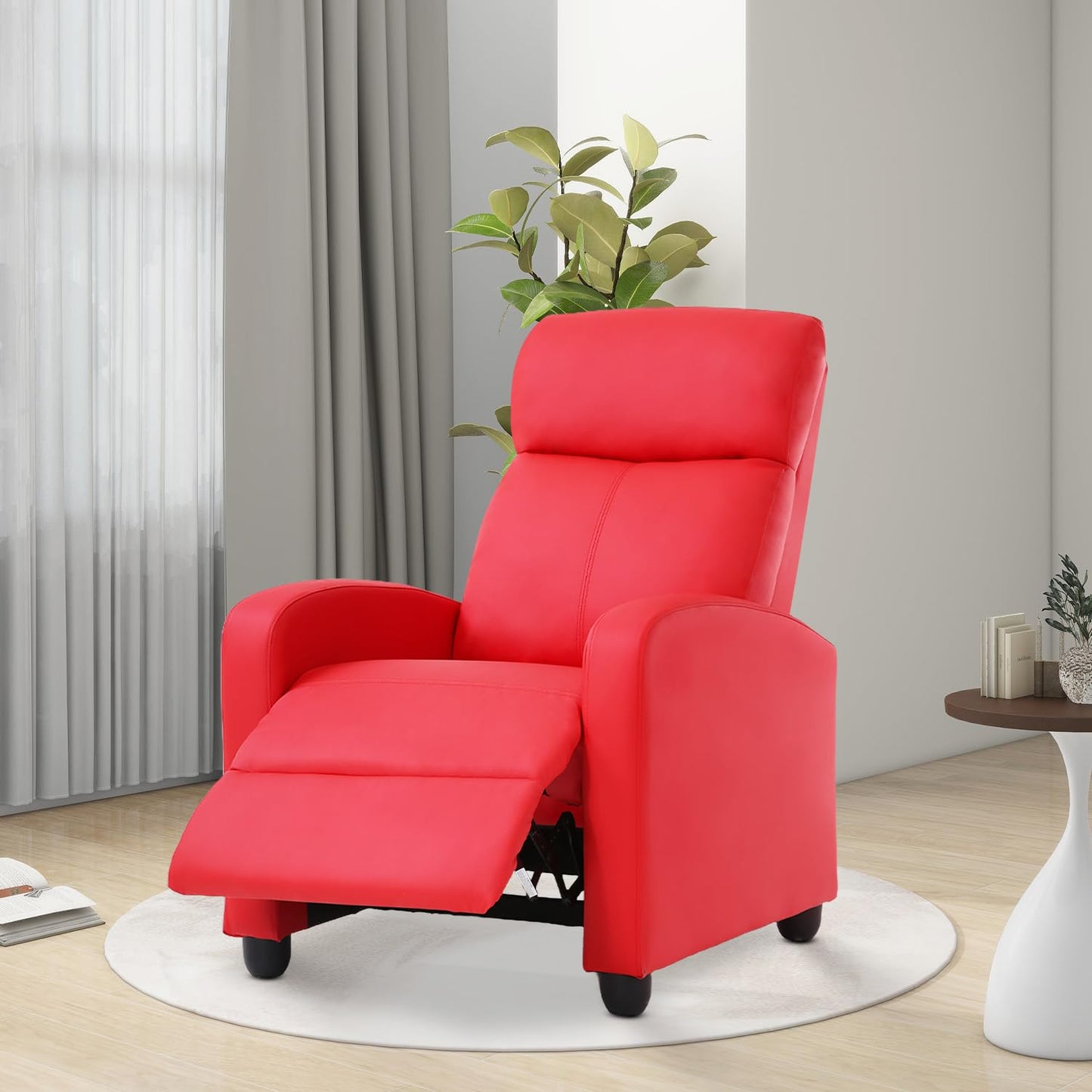 Dopinmin Recliner Chair PU Leather Massage Single Sofa Home Theater Seating Breathable Padded Reading Sofa with Footrest for Bedroom Living Room,Red