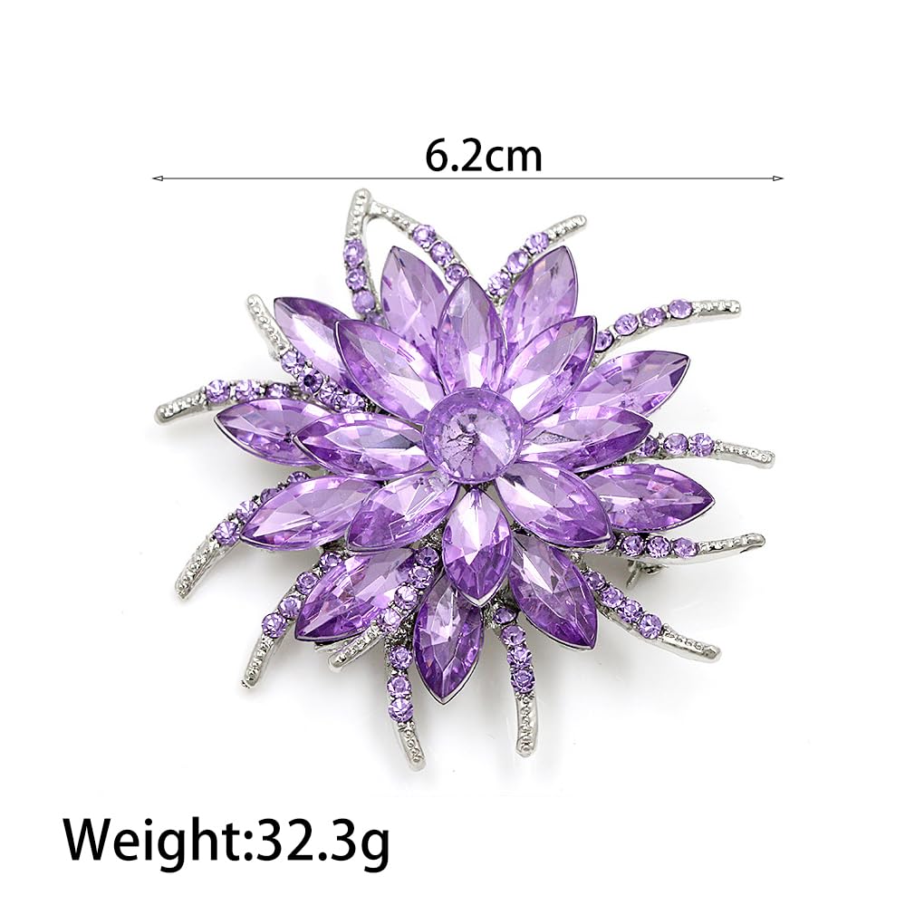 Rhinestone Large Flower Brooches Pins for Women Fashion Sparkly Crystal Sunflower Statement Brooch Unique Wedding Party Suit Dress Jewelry Accessories (Purple2)