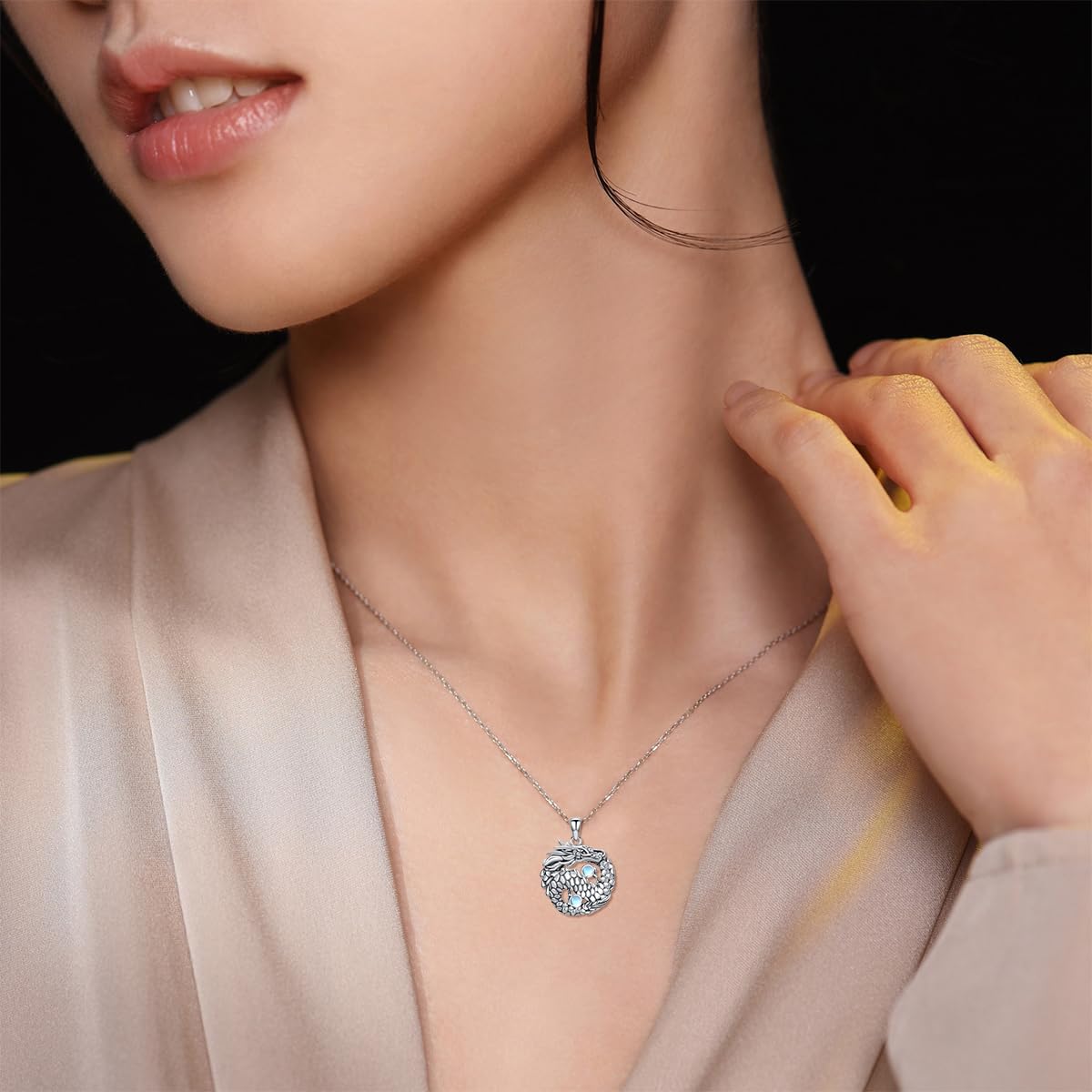 YAFEINI Dragon Necklace S925 Sterling Silver Moonstone Dragon Pendant Necklaces Dragons Jewelry Gift for Women Mom Wife