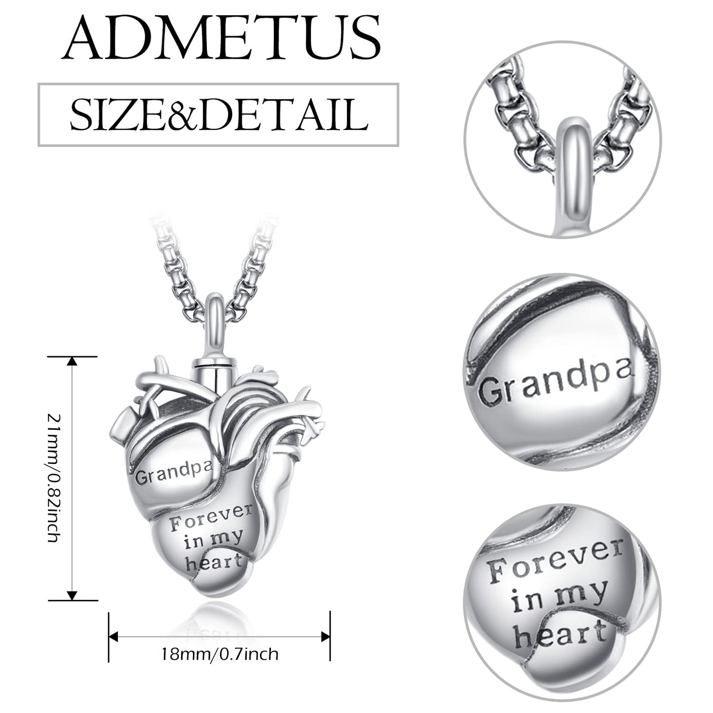 Personalized Anatomical Heart Urn Necklaces for Ashes Sterling Silver Ash Pendants Cremation Jewelry Grandpa Keepsake Pendant Memorial Jewelry Gifts for Loss of Grandpa