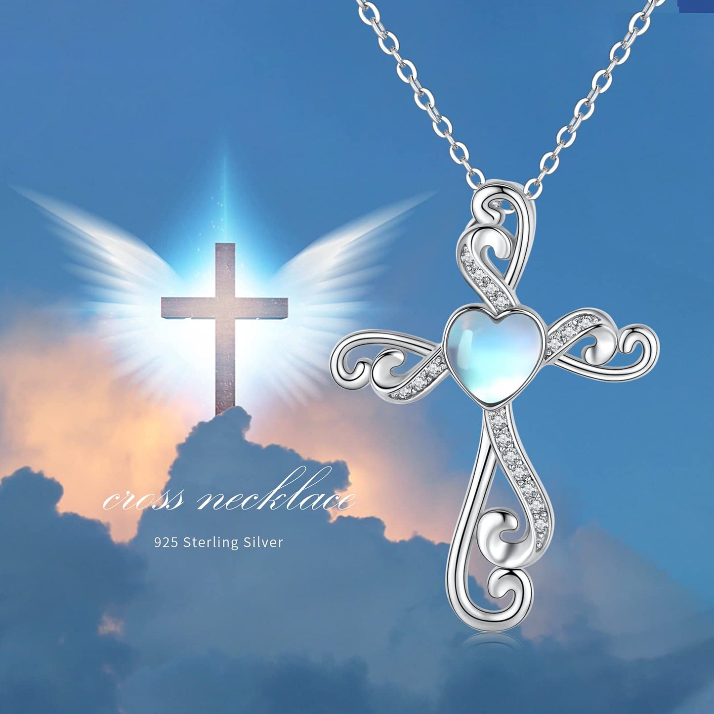 Twoowl Cross Necklace 925 Sterling Silver Moonstone Cross Pendant Necklace Religious Necklace Jewelry Gifts Christmas Birthday for Women Mom