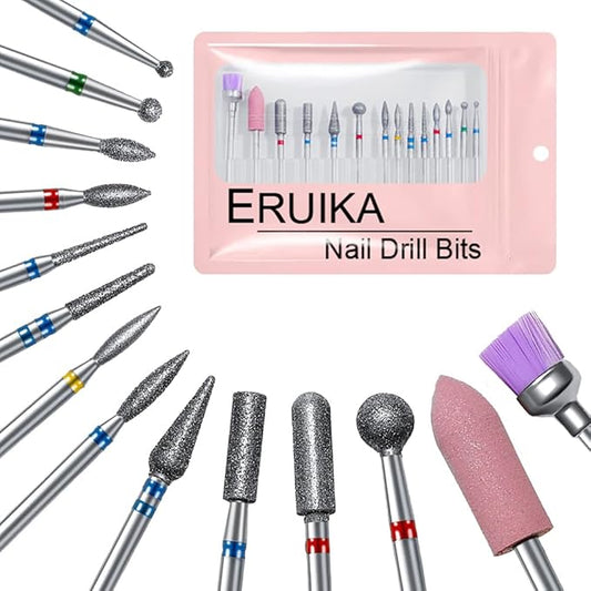 14pcs Nail Drill Bits Set, Professional Rotary Burrs Diamond Cuticle Remover Bits Kit, 3/32" Electric Manicure Nail File Bit for Acrylic Gel Nails Cuticle Manicure