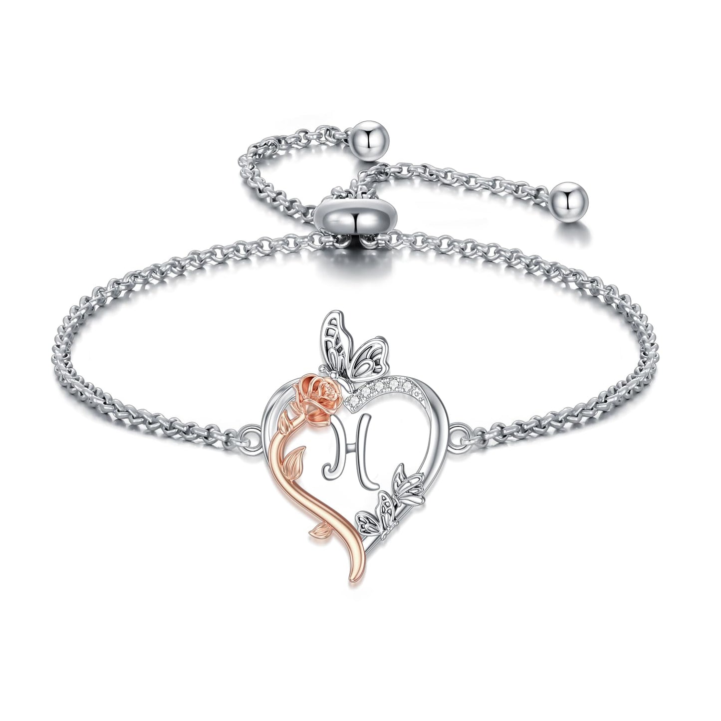 TOUPOP Rose Heart Bracelet for Women Sterling Silver Heart Initial H Letter Bracelet Butterfly Love Jewelry Anniversary Birthday Mothers Day Gifts for Mom Wife Her Girlfriend