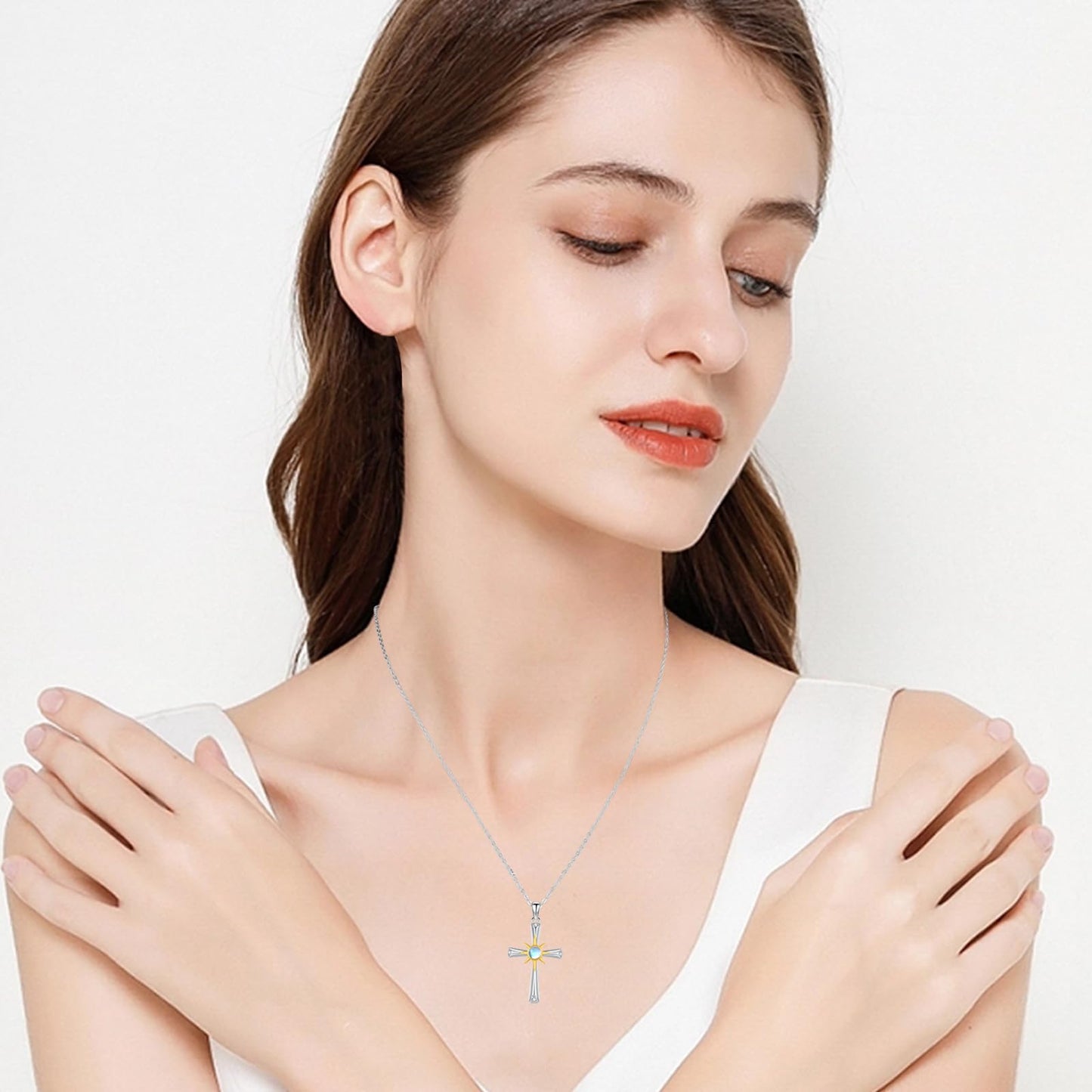Silikepa Cross Necklace for Women 925 Sterling Silver Sun Cross Pendant Necklace with Moonstone Jewelry Gift for Women
