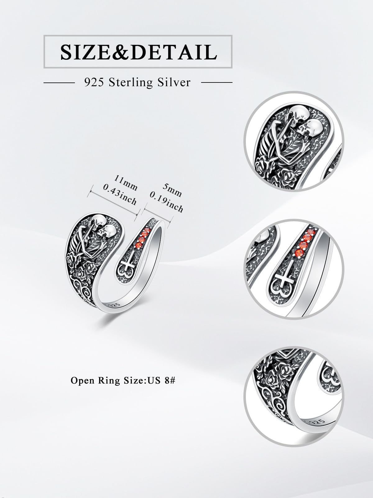 Midari Skull Couple Spoon Rings for Women 925 Sterling Silver Vintage Adjustable Punk Skull Rings Open Antique Skeleton Spoon Rings Jewelry for Women Hallowee Birthday Christmas Gifts B