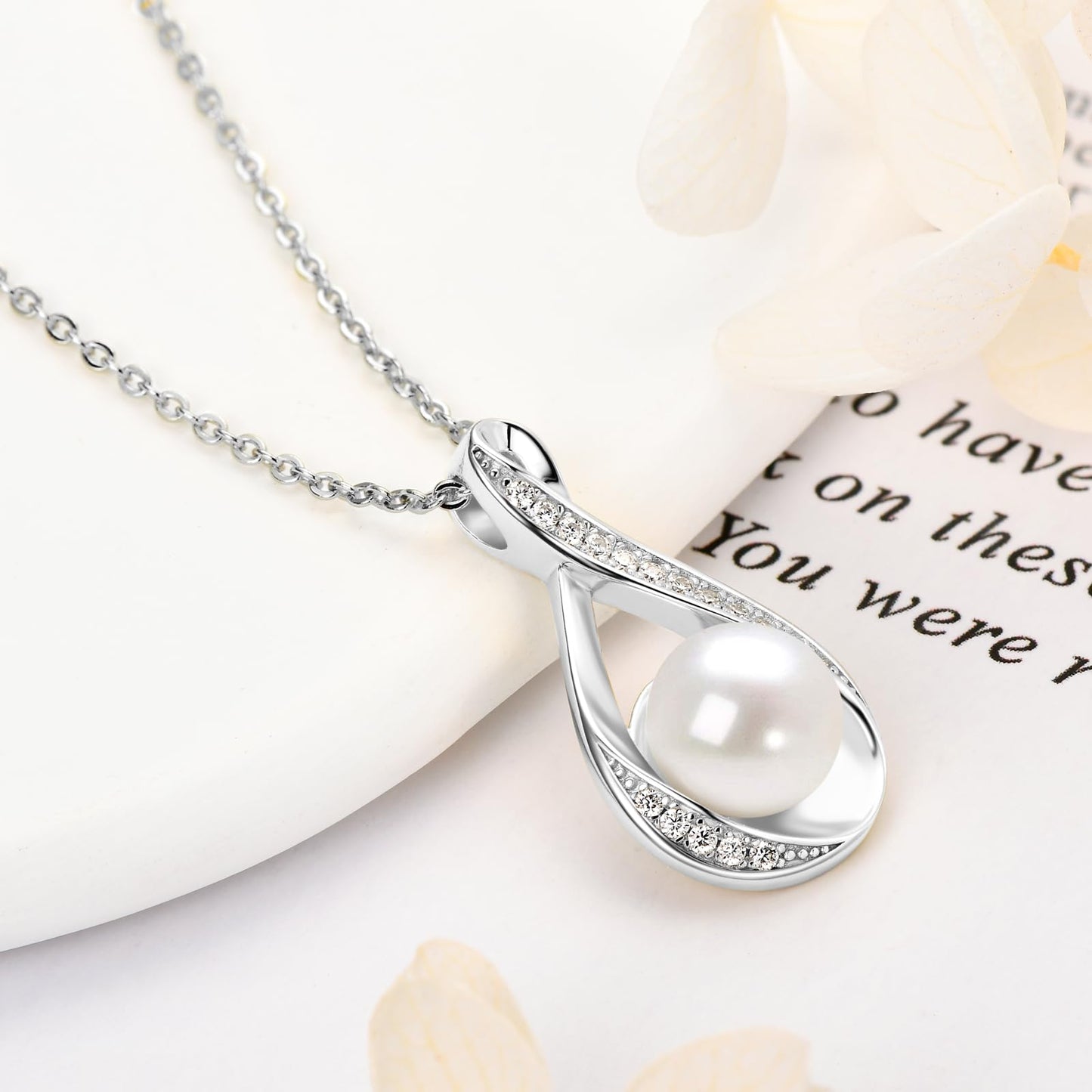 Pearl Necklace for Women, Sterling Silver Freshwater Cultured Dainty Single Pearl Pendant Necklace with Moissanite Wedding Jewelry Gift for Bride Bridesmaid (9mm)
