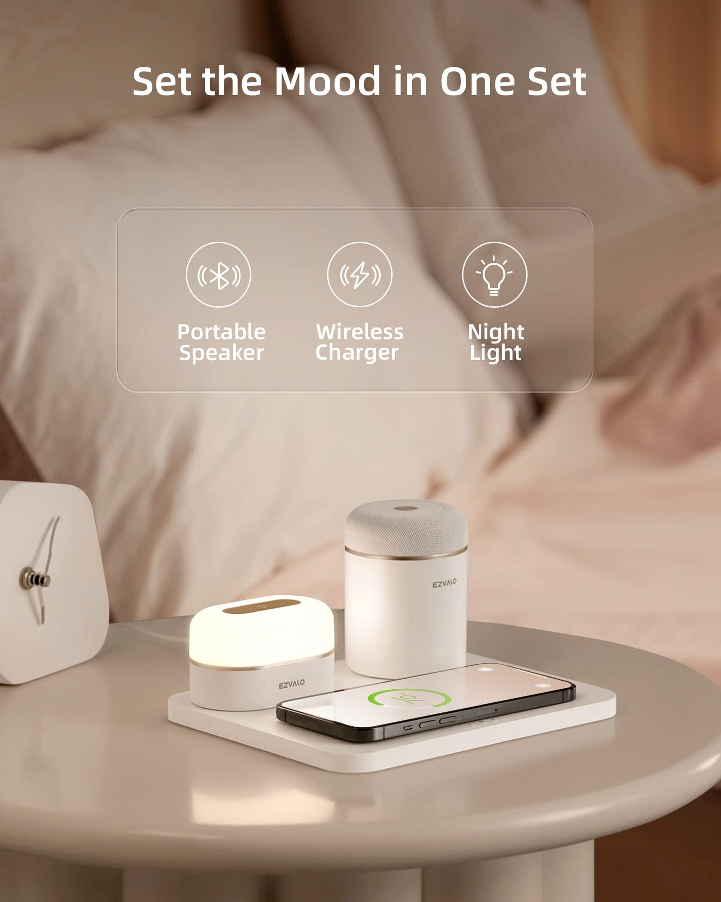 EZVALO 3 in 1 Charger Station with LED Night Light, Portable Bluetooth Speaker, Wireless Charging Station for Multiple iPhone, Samsung/Huawei/Honor/Xiaomi/Oppo, Gifts for Women, Birthday Tech Gifts