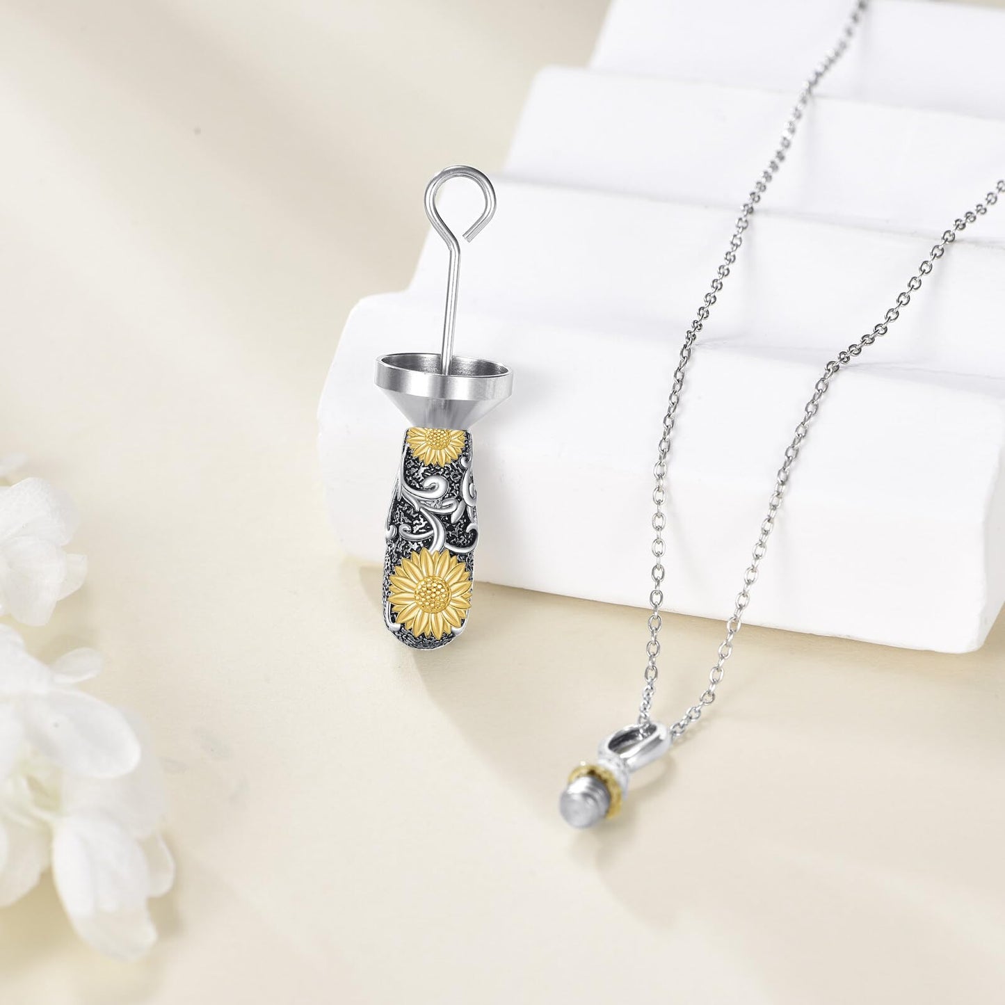POPLYKE Teardrop Sunflower Filigree Urn Necklace for Ashes for Women Sterling Silver TearDrop Cremation Necklace for Ashes Keepsake Jewelry for Women Men