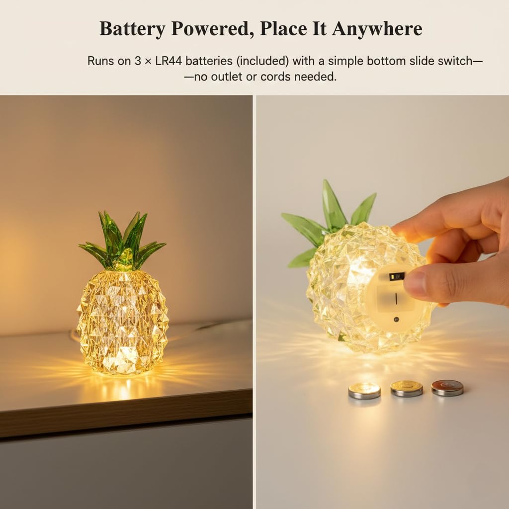 Pineapple Baby Night Light for Nursery, Battery Powered Pineapple Lamp for Home Living Room Bedroom Kitchen Office Decor, Crystal Tropical Decor Valentines Day Birthday Gifts for Him Her Kids Women