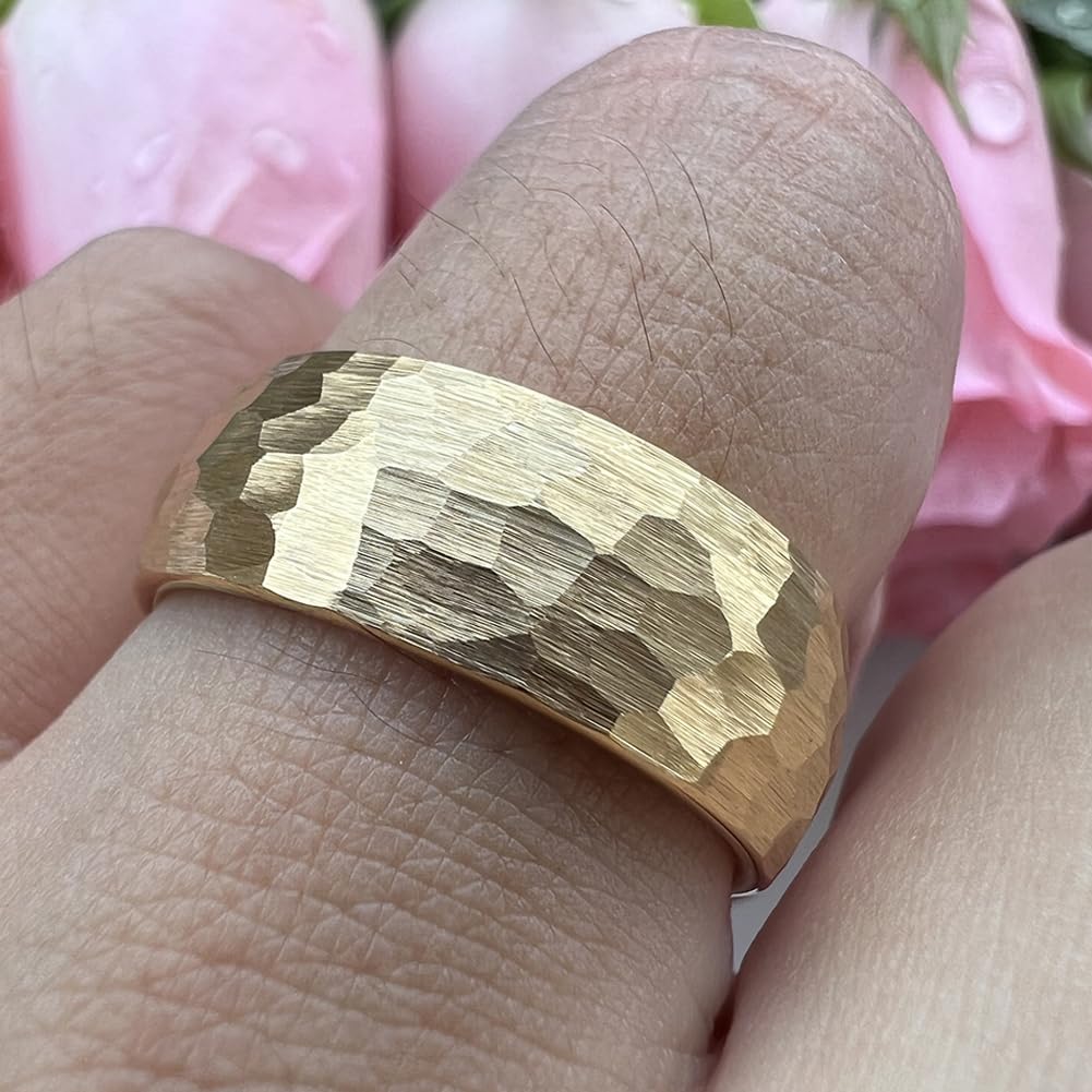 TUTISS 8mm Gold Hammered Tungsten Rings for Men Women Engagement Wedding Bands Domed I Love You Engraved Comfort Fit Size 6