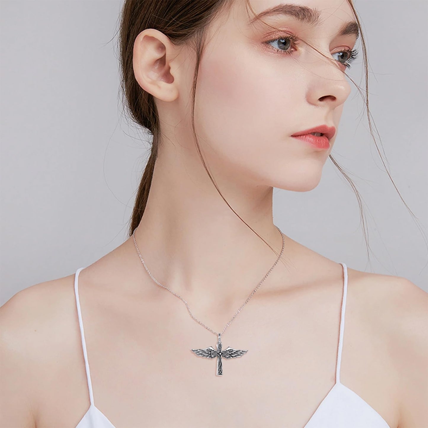 POPLYKE Cross Angel Wings Urn Necklace for Ashes for Women 925 Sterling Silver Memorial Necklace for Human Ashes of Loved Ones Angel Pendant Cremation Jewelry for Ashes