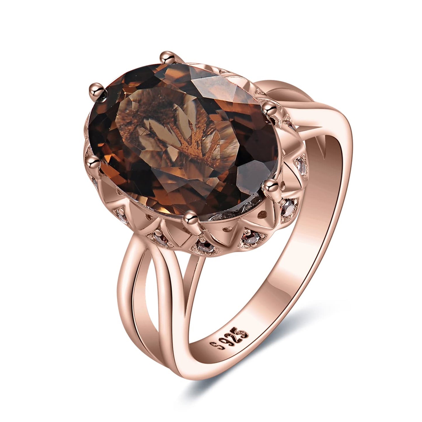 JewelryPalace Huge Oval Shape 5.7ct Genuine Smoky Quartz Cocktail Rings for Her, 14K Rose Gold Plated 925 Sterling Silver Ring for Women, Natural Gemstone Jewelry Sets Rings 9