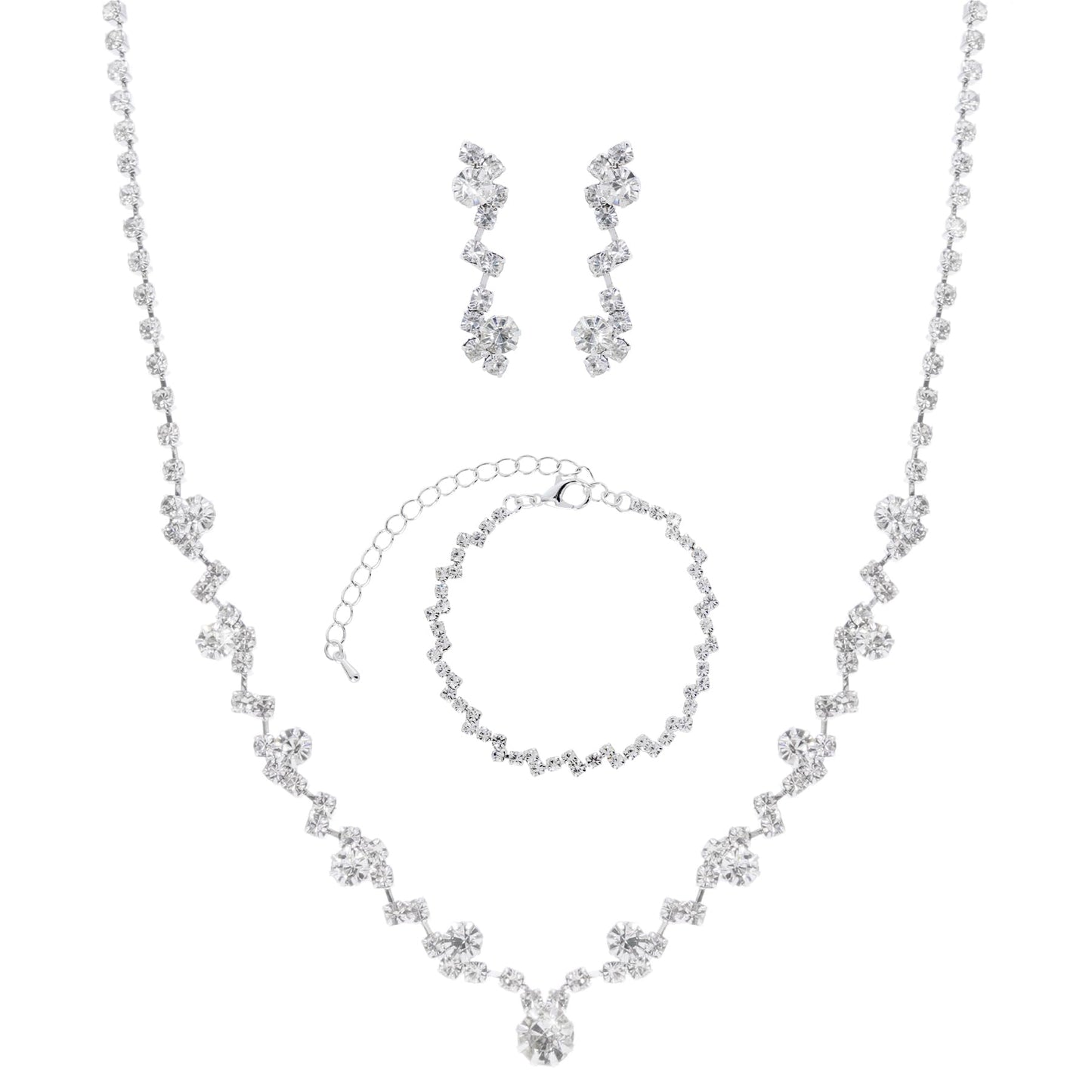 Jmkcoz Women Jewelry Set Silver Necklace Earrings Bracelet Rhinestone Crystal Bridal Wedding Jewelry Sets for Brides Bridesmaid Wedding Party (Style 2)