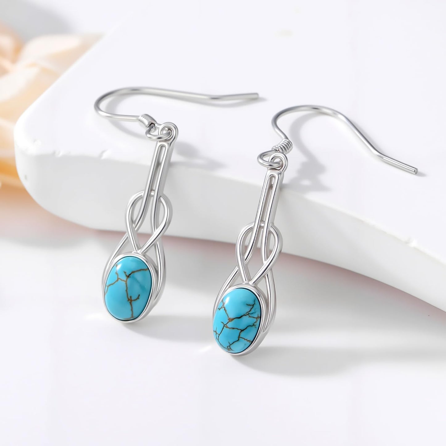 Eetaitai Turquoise Earrings for Women 925 Sterling Silver Natural Oval Turquoise Celtic Knot Dangle Earrings Boho Jewelry Mothers Day Gifts for Mom Wife Sister
