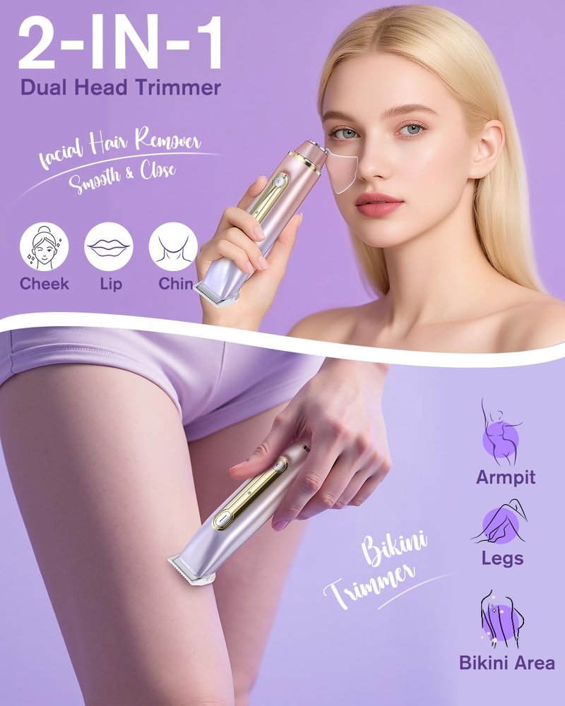 Happnear 2 in 1 Electric Bikini Shaver for Women - 2025 Dual Head Bikini Trimmer for Women IPX7 Waterproof Wet & Dry Use Bikini Razor for Travel Rechargeable Electric Razor for Underarm Leg Arm,Purple