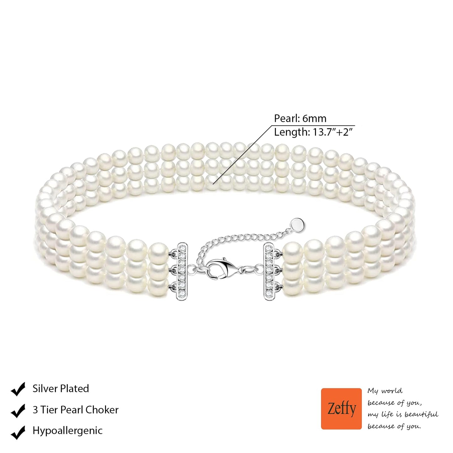 Zeffy Pearl Choker Necklace Round Imitation Pearl Necklace Multi Strands Choker Wedding Party Prom Vintage 1920s Short Choker Necklace for Women