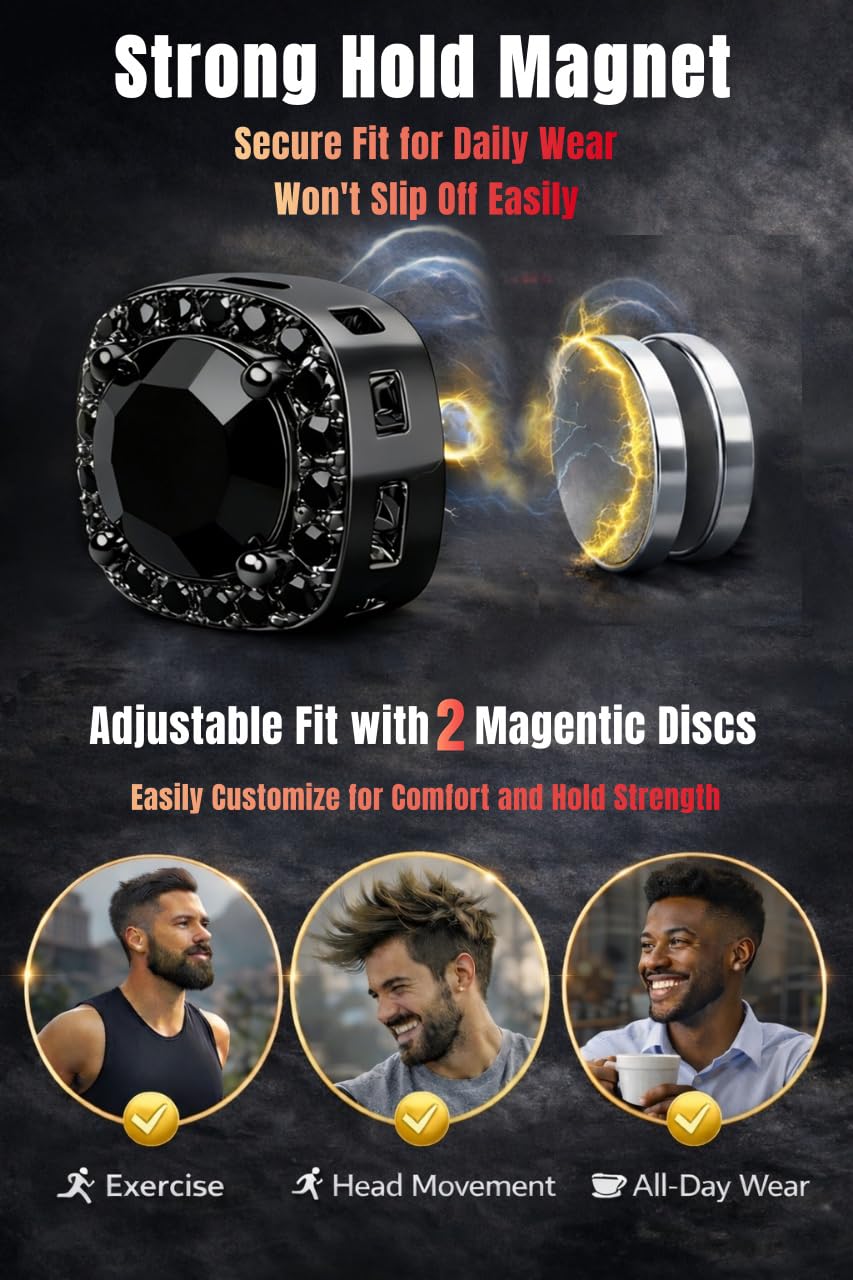 2 Pairs Magnetic Earrings for Men Clip On Fake Earrings Non Pierced, Stainless Steel Magnet Nose Stud Piercings for Women, 6MM, Black Color