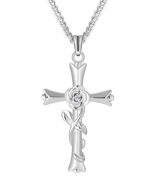 ACECHA Silver Cross Necklace for Women, Dainty Faith Cross Pendant Necklaces with Rose Jewelry for Mom Wife Daughter Sister | Gifts for Birthday Anniversary Christmas Easter(Rose-Romantic)