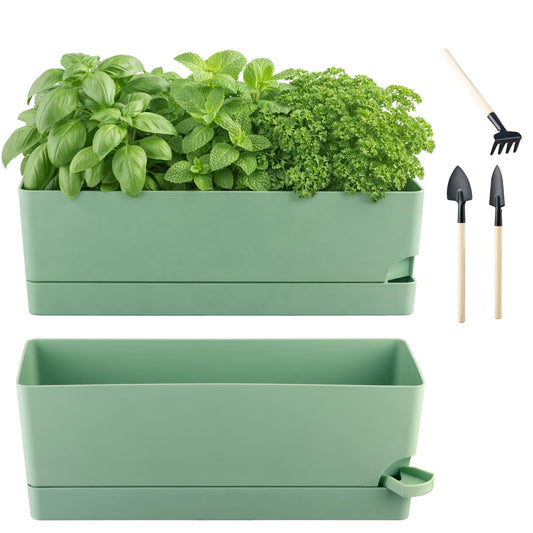 2 Pack Self Watering Pots for Indoor Plants 17 Inches Window Boxes Planters Rectangular Flower Pots Rectangle Herb Pots Large Plant Pots with Drainage Holes and Saucers Windowsill Planter, Green