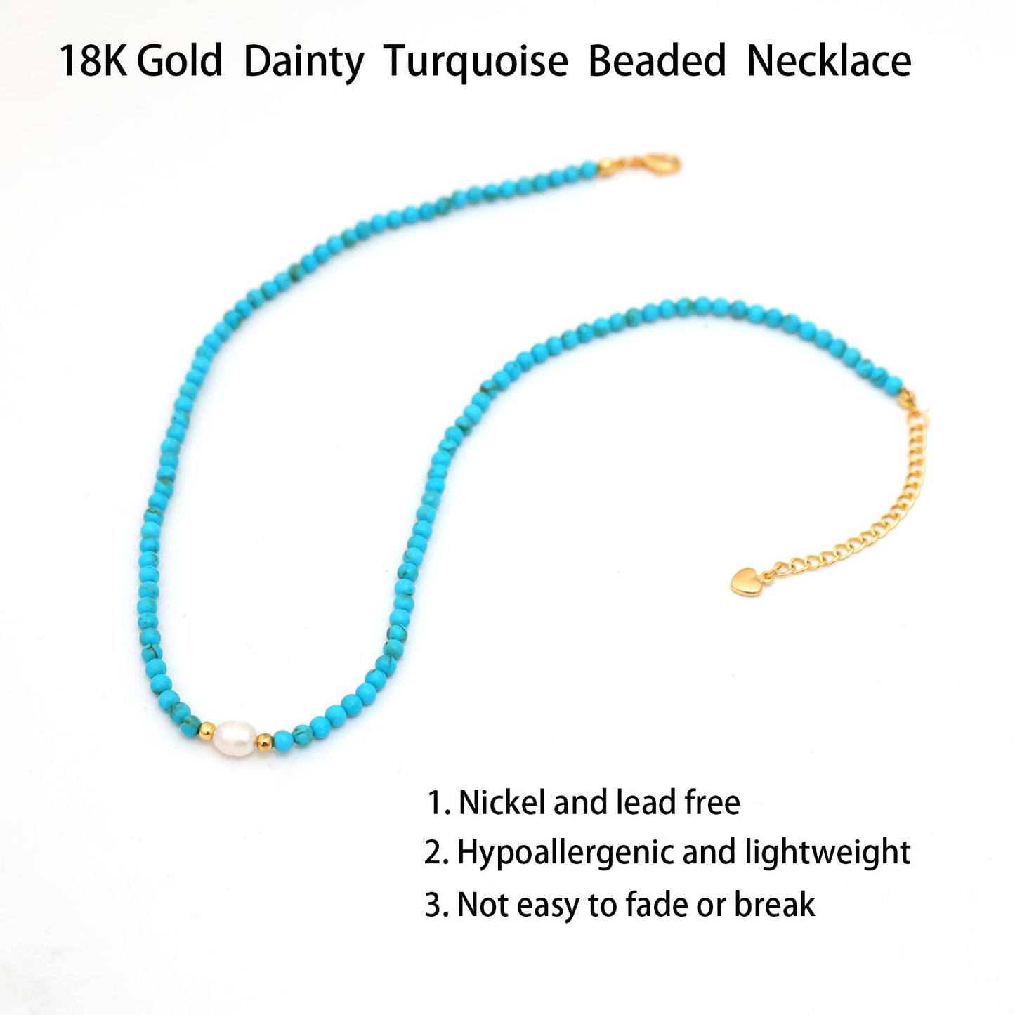 Turquoise Necklace for Women, 18K Gold Plated Dainty Small Turquoise Pearl Beaded Necklaces Handmade Beach Summer Boho Bead Necklaces for Women Blue Western Jewelry Non Tarnish 15.7 Inches