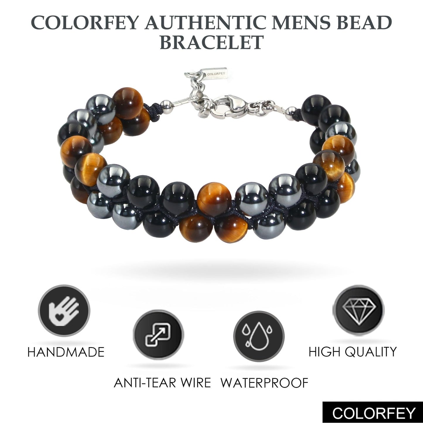 Triple Protection Bracelet for Men, COLORFEY Healing Tigers Eye Obsidian Hematite Stone Bracelet Pyramid Tiger Eye Bead Bracelets 8mm, Premium Handcrafted Stainless Steel Bracelets Luck Gift for Men