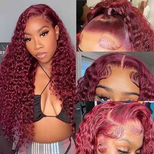 24 Inch Burgundy Wig Human Hair Deep Wave Lace Front Wigs for Black Women Glueless 13x4 HD Transparent Lace Frontal Curly Wigs Pre Plucked Bleach Knots with Baby Hair 99J Colored Wigs