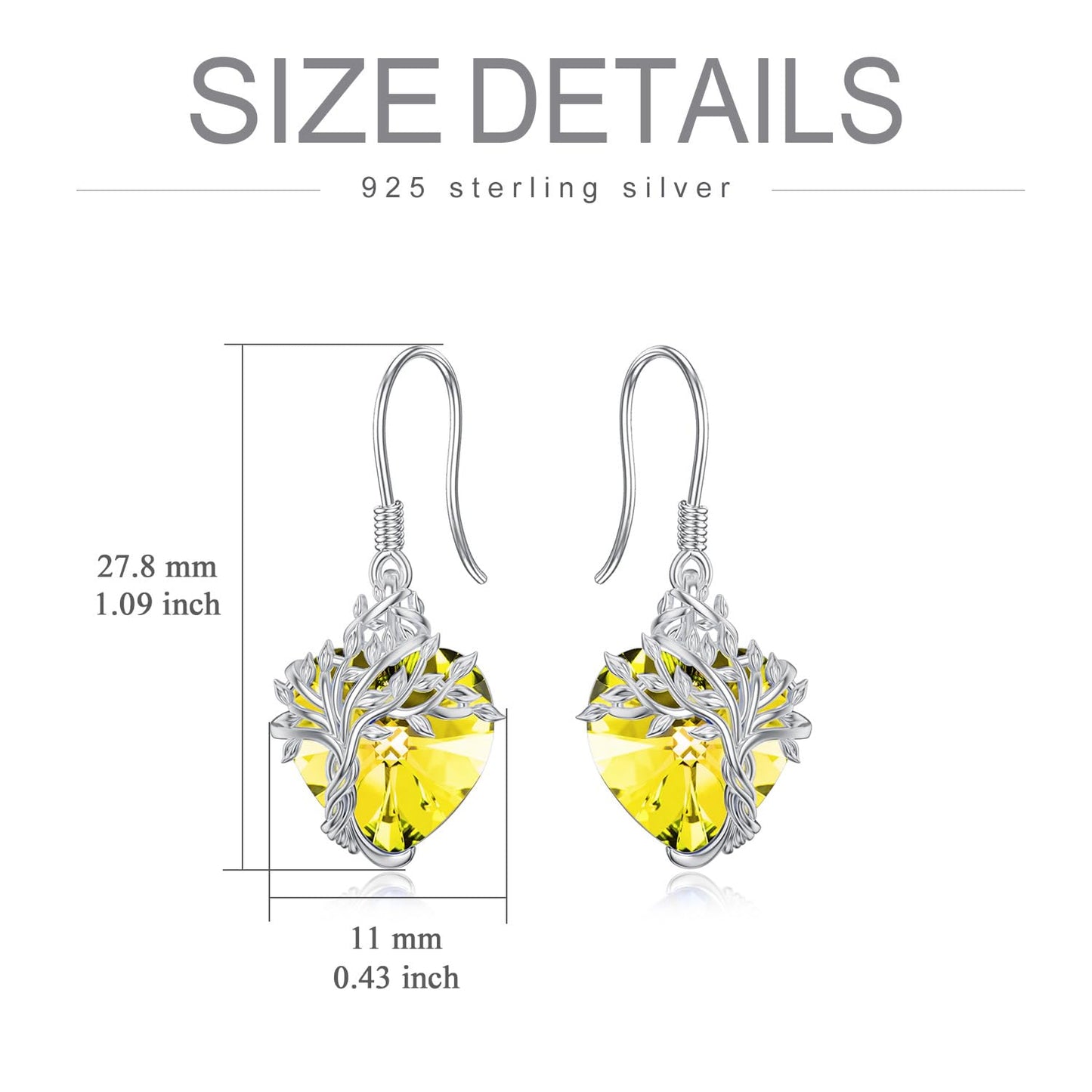 TOUPOP Heart Citrine Earrings Sterling Silver Tree of Life Earrings November Birthstone Jewelry Birthday Mothers Day Gifts for Women Mom Her